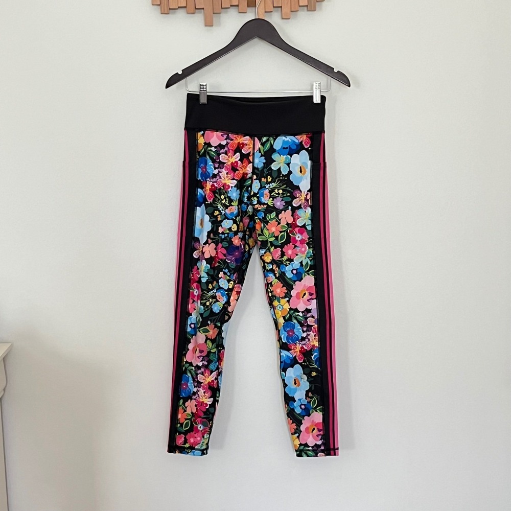Johnny Was Active Women Floral Side Stripe Leggings Black Pink Yoga Pants Size M